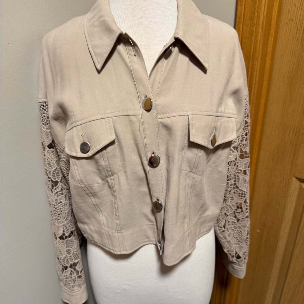 Womens Beige Crochet-Sleeve Button-Front Jacket
